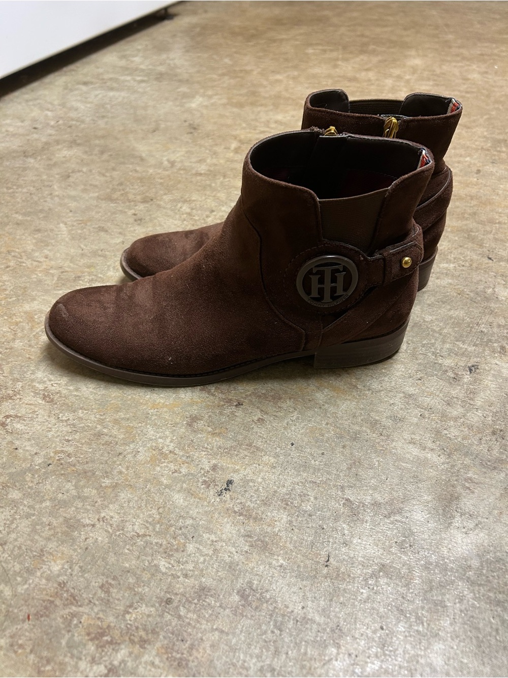 Tommy Hilfiger Dark Brown Suede Ankle Booties with Logo Medallion